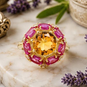 Vintage Citrin Verlobungsring Braut Hochzeit Ring Vintage Rubin Halo Ring Gelbgold überzogener Ring November Birthstone Geschenk Schmuck