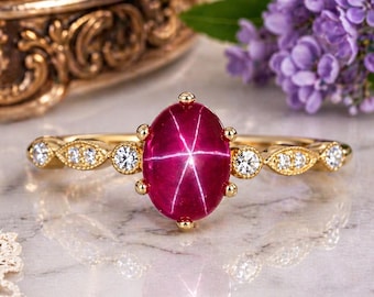 Vintage Star Ruby Engagement Ring, 14K Yellow Gold Diamond Jewelry, Lindy Star Promise Ring, 6 Rays Statement Ring, Anniversary Git For Wife