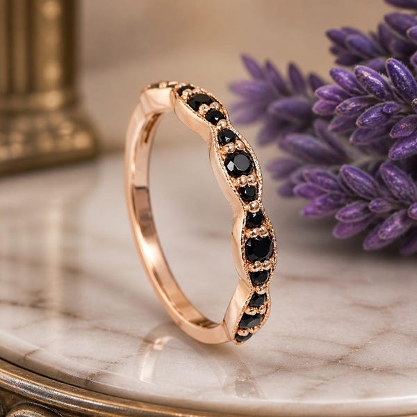 Natural Black Onyx Wedding Band, 14k Rose Gold Matching Bridal Jewelry, Half Eternity Jewelry Black Gemstone Ring, Promise Personalized Ring