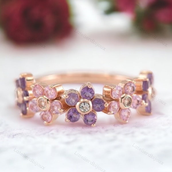 Art Deco Flower Style Ring, Amethyst And Pink Sapphire Ring, Vintage Diamond Ring, Unique Style Women Ring, Statement Gift, Promise ring