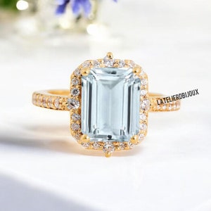 Emerald Cut Aquamarine Ring White Gold Aquamarine Engagement Ring Vintage Aquamarine Ring Antique Ring Birthstone Ring Promise Ring for her