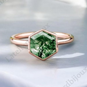 Hexagon Moss Agate Engagement Ring, 14K Rose Gold Bridal Jewelry, Natural Gemstone Promise Ring, Women Handmade Solitaire Ring Birthday Gift
