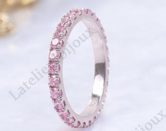 Antique Pink Sapphire Eternity Band, 14K White Gold, Dainty New Year Jewelry, 925 Sterling Silver Jewelry, Matching Band, Christmas Jewelry