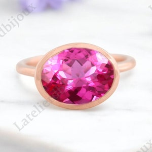 Pink Sapphire Engagement Ring Large Gemstone Ring September Birthstone Jewelry Unique Solitaire Promise Ring Engraved Rings Anniversary Gift