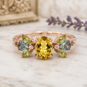 Vintage Citrine Cluster Ring- 14K Rose Gold Aquamarine Ring, Engagement Peridot Ring- November Birthstone Ring- Anniversary Gift for Her