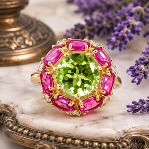 May include: A gold ring featuring a large, round, light green gemstone at the center, surrounded by pink oval-cut stones. Small white gemstones are set between the pink stones. The ring is displayed on a marble surface with lavender sprigs in the background.