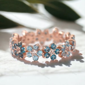 Beautiful Flower Band, Aquamarine & Topaz Women Ring, Full Eternity Band, Delicate Bridal Ring, 14K Rose Gold Ring, Birthstone Gift Ring