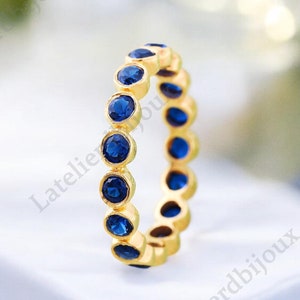 Blue Sapphire Band, 14k Yellow Gold Band, Full Eternity Women Band, Stacking Band, September Birthstone Minimalist Promise Band Gift for Her
