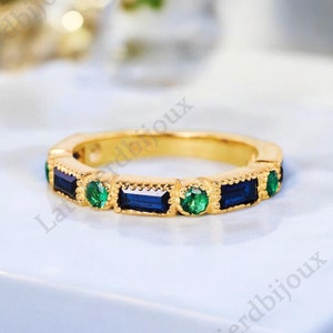 Baguette Sapphire Dot Emerald Band 18K Solid Gold Half Eternity Band Stacking Matching Wedding Band Women&#39;s Fine Jewelry Gift Ring For Girls
