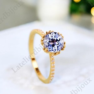 Lavender Sapphire Engagement Ring, Art Deco Sapphire Ring, 18K Solid Gold Diamond Half Eternity Ring Dainty Promise Wedding Statement Ring