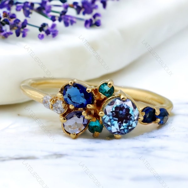 Mixed Stone Cluster Ring Alexandrite Ring London Blue Topaz Sapphire & Diamond Cluster Ring Alternative Engagement Ring Four Birthstone Ring