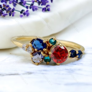 Mixed Stone Cluster Ring Garnet Ring, London Blue Topaz, Sapphire & CZ Diamond Cluster Ring Alternative Engagement Ring Four Birthstone Ring