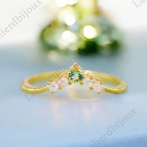 Green Peridot And Opal Curved Band, 14K Yellow Gold Wedding Ring Delicate Bridal Nesting Band Alternative Stacking Band Holiday Gift For Her