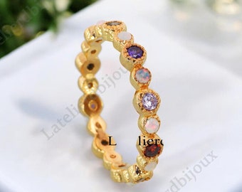 Eternity Fire Opal Band, 14K Yellow Gold Ring, White Fire Opal Thumb Ring, Opal Multi Sapphire Wedding Band, Anniversary Ring, Gift for Her
