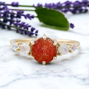 Moonstone Sunstone Ring, 14K Yellow gold Ring, Two Stone Rings, Natural Sunstone, Rainbow Moonstone Unique Promise Ring, Statement Rings