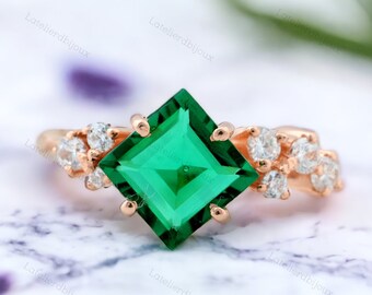 Princess Cut Emerald Silver Ring, Diamond Cluster Gold Ring, Green Emerald Silver Ring, Beautiful Emerald Promise Ring, Valentine Day Ring