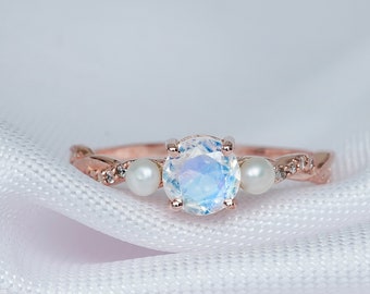 Rainbow Moonstone Pearl Ring 14k Rose Gold Engagement Ring  Delicate Women's Ring, 14k Rose Gold Ring, Moonstone Ring, Anniversary Gift