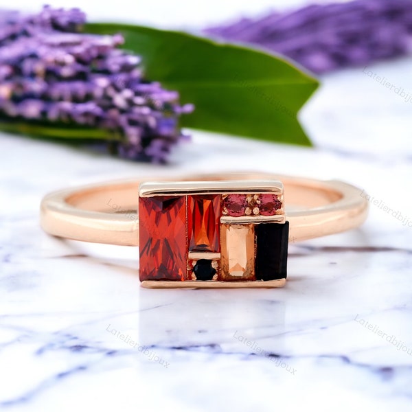 18K Solid Gold Baguette Multi Gemstone Women Ring Art Deco Garnet Ring Unique Design Citrine Ring Natural Onyx Wedding Jewlry Birthday Gifts