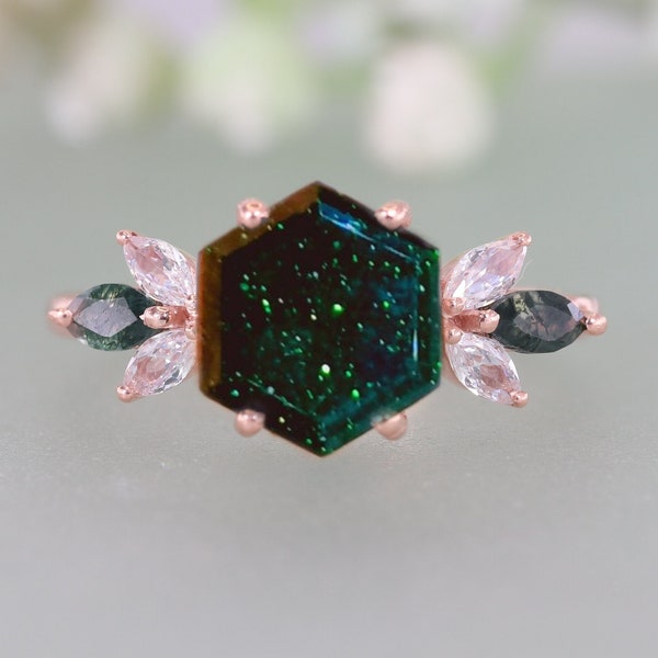 Bague de fiançailles en grès vert hexagone forme marquise diamant alternatif bijoux fins pour femmes plaqué or rose ensemble de griffes bague cadeau de mariée