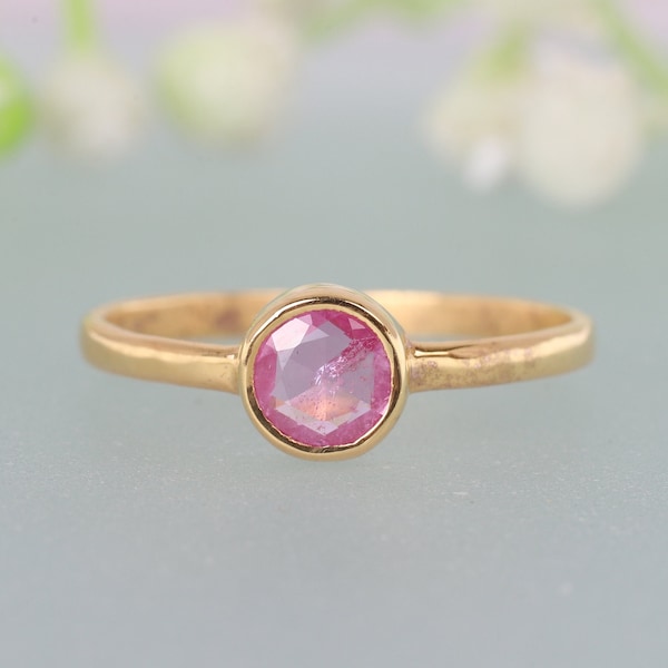 Natural Padparadscha Sapphire Ring, Pink Gemstone Ring September Birthstone Jewelry, Handmade Women 14K Solid Gold Ring, Simple Promise Gift