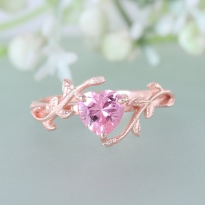Heart Pink Sapphire Ring, 14k Rose Gold Pink Sapphire Ring, Twig Leaf Pink Sapphire Promise Ring, Dainty Heart Pink Sapphire Gemstone Ring