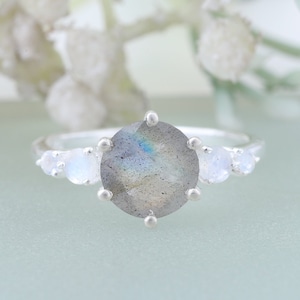 Natural Labradorite Engagement Ring, Moonstone Proposal Ring, Unique Statement Women Jewelry, White Gold Plated Delicate Bridal Gift Ring