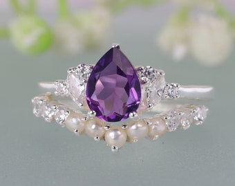 Pear Amethyst Diamond Ring Set, 925 Sterling Silver Engagement Ring Set, Curved Freshwater Pearl Band, Wedding Jewelry, Promise Ring Set
