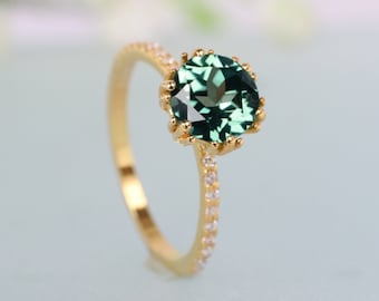 Green Sapphire Ring, Sterling Silver Delicate Bridal Engagement Ring, Yellow Gold Promise Ring, September Birthstone, Round Cut Vintage Ring