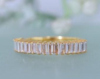 14k Gold Baguette Wedding Band, Solid Gold Vertical Baguette Promise Wedding Ring, Half Eternity Stackable Cz Ring, Lab Created Diamond Ring