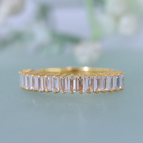 14k Gold Baguette Wedding Band, Solid Gold Vertical Baguette Promise Wedding Ring, Half Eternity Stackable Cz Ring, Lab Created Diamond Ring