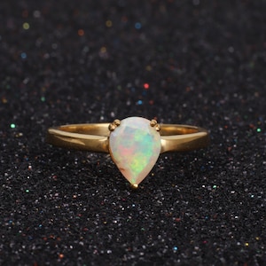 Freshwater Opal Unique Ring Tear Drop Stone Ring 14k Solid Gold, Delicate Ring October Birthstone Engagement Ring Antique Anniversary Gift