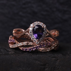 Vintage Amethyst Wedding Ring Set, Infinity Amethyst Alternative Band, 14K Rose Gold Bridal Set, February Birthstone Jewelry Birthday Gift