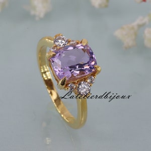 Lavender Sapphire Diamond Engagement Ring in 14k Yellow Gold, Cushion Sapphire Cluster Ring, Purple Sapphire Bridal Wedding Ring For Her