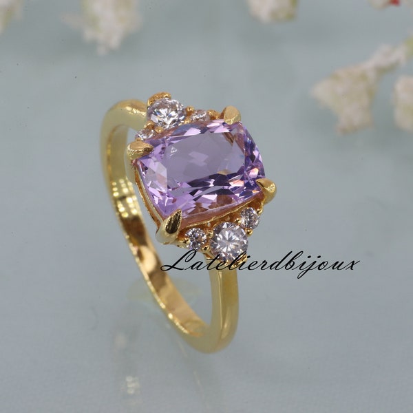 Lavender Sapphire Diamond Engagement Ring in 14k Yellow Gold, Cushion Sapphire Cluster Ring, Purple Sapphire Bridal Wedding Ring For Her