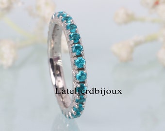 Neon Apatite Gemstone Silver Stackable Ring, Gemstone Silver Wedding Band, Full Eternity Band Ring, Engagement Band, Promise Ring For Her