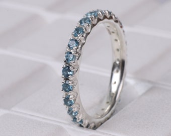 2mm Aquamarine Wedding Band- handmade engagement ring Full Eternity Wedding Band- Stacking Ring- March Birthstone Birthstone Stacking Ring