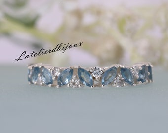 Blue Aquamarine Diamond Wedding Band Marquise Cut Aquamarine Dainty Band Sterling Silver Ring Half Eternity Band March Birthstone Ring