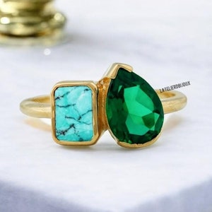 Toi Et Moi Ring, Double Stone Engagement, Emerald Cut Turquoise Ring, 2 Stone Wedding Ring For Her, Pear Cut Emerald Ring, Jewelry Gift Ring