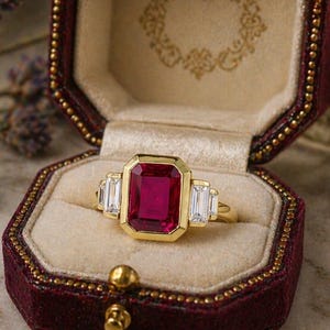 May include: A gold ring with a large, rectangular, ruby-colored center stone and two smaller, rectangular, clear stones on either side. The ring is displayed in an open, burgundy velvet ring box with a gold clasp.