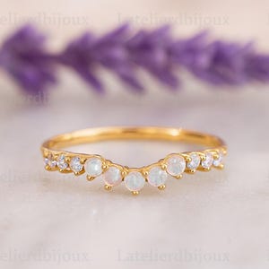 Curved Fire Opal Wedding Band, Alternative Stacking Band, 14K Yellow Gold Diamond Jewelry, October Birthstone Statement Band, Birthday Gift