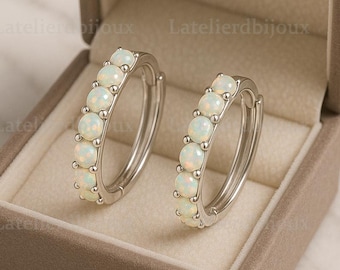 SILBERTALE Orecchini A Cerchio In Argento 925 Con Opale Vero - 6/8/10 Mm, Colori Bianco/Blu/Rosa/Verde, Ipoallergenici
