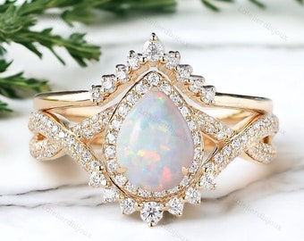 Antique Opal Engagement Ring Set Natural Opal Art Deco Wedding Ring Set 14k Gold Opal Bridal Ring Set Vintage Art Deco Opal Promise Ring Set