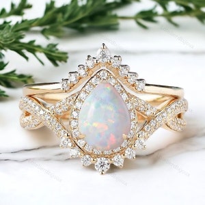 Antique Opal Engagement Ring Set Natural Opal Art Deco Wedding Ring Set 14k Gold Opal Bridal Ring Set Vintage Art Deco Opal Promise Ring Set