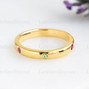 Gold Birthstone Ring with Colorful Gemstones | Custom Family Name Ring | Dainty Stacking Band | Personalized Jewelry Gift for Her