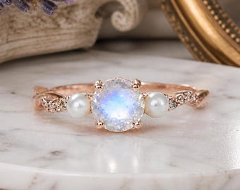 Anillo de perlas y piedra lunar arcoíris, anillo de compromiso de oro rosa de 14k, anillo delicado para mujer, anillo de oro rosa de 14k, anillo de piedra lunar, regalo de aniversario