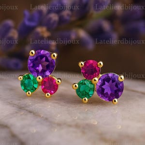 Multi Gemstone Stud Earring, Tiny Gemstone Ruby Earring, Minimalist Dainty Amethyst Earring Emerald Gold Earring Anniversary Gift For Wife