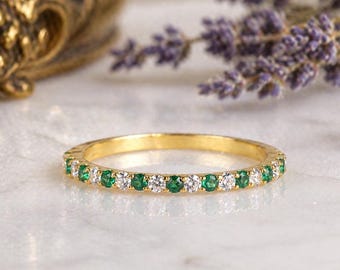 Art Deco Emerald Wedding Band Stackable Emerald Ring May Birthstone Stackable Yellow Gold Ring Handmade Wedding Band Ring Anniversary Ring