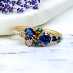 Mixed Stone Cluster Ring Sapphire Ring, London Blue Topaz Sapphire & Diamond Cluster Ring Alternative Engagement Ring Four Birthstone Ring
