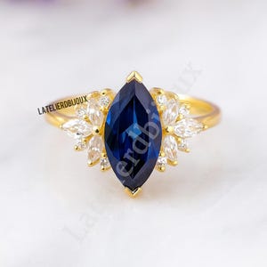 14k Sapphire Marquise Ring, Blue Sapphire Engagement Ring Real Gold, Vintage Style Wedding Ring, Sapphire and Diamond Anniversary Ring Women