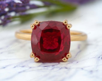 Cushion Cut Ruby Engagement Ring Solid Yellow Gold Solitaire Ring July Birthstone Jewelry Red Gemstone Women Promise Ring Gift For Daughter